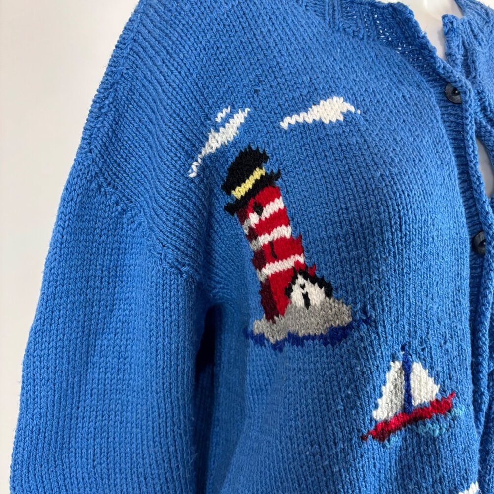 Vintage Lighthouse Cardigan Women's 2X Blue Novelty Nautical Sailboats Handmade - Picture 4 of 12